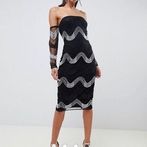 ASOS Black & White Strapless Cocktail Dress Pearl Embellished Wave Pattern Midi